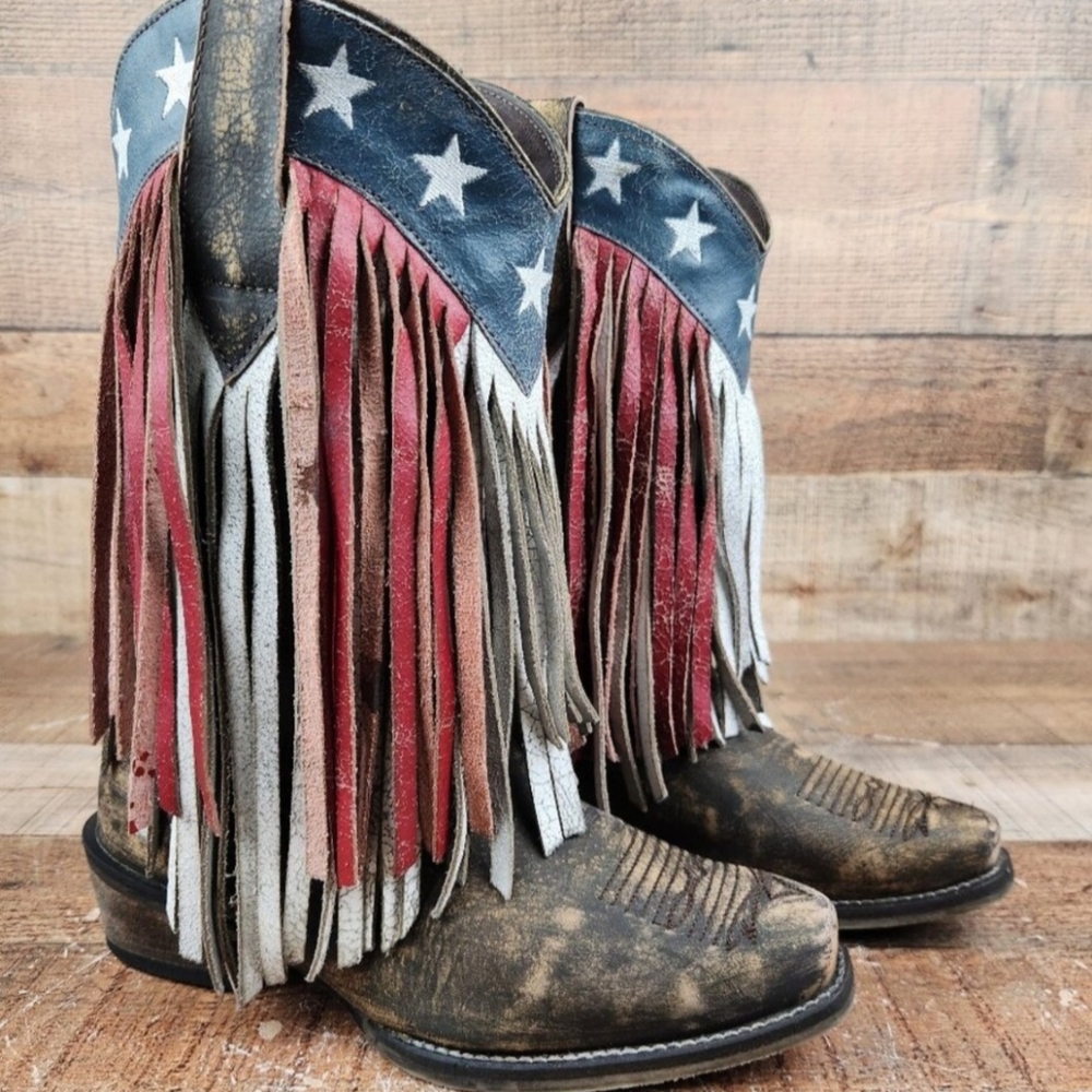 Roper American Beauty Fringe Women's Sz 6 Western Patriotic Cowboy Cowgirl Flag